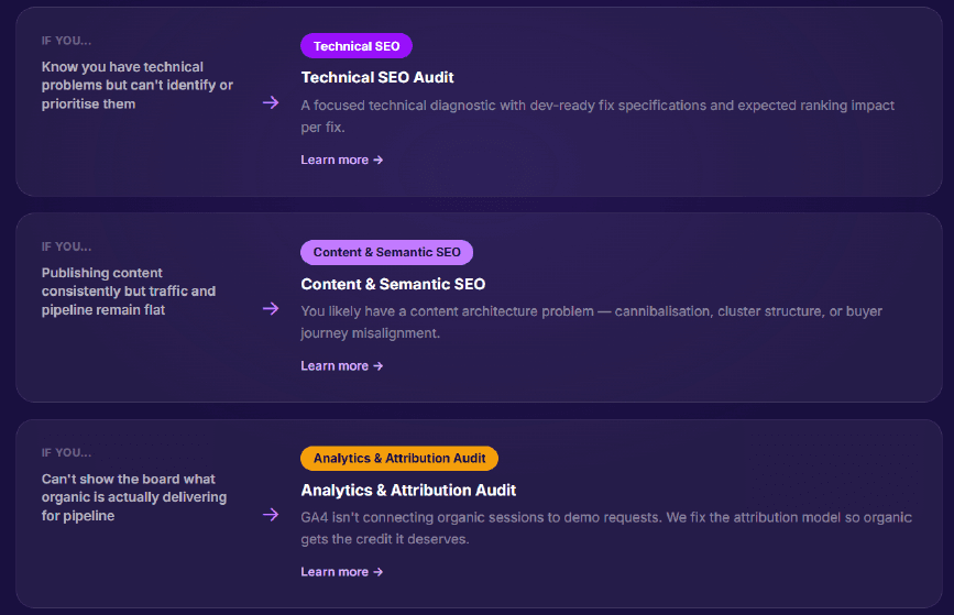 Overview of SEO audit modules and recommendations